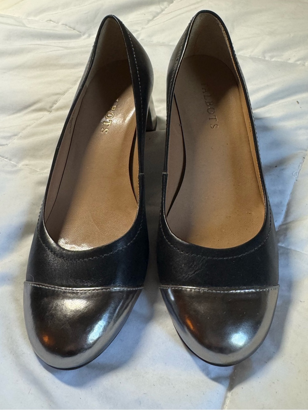 Talbots Black Leather Pumps with Metallic Silver Cap Toe